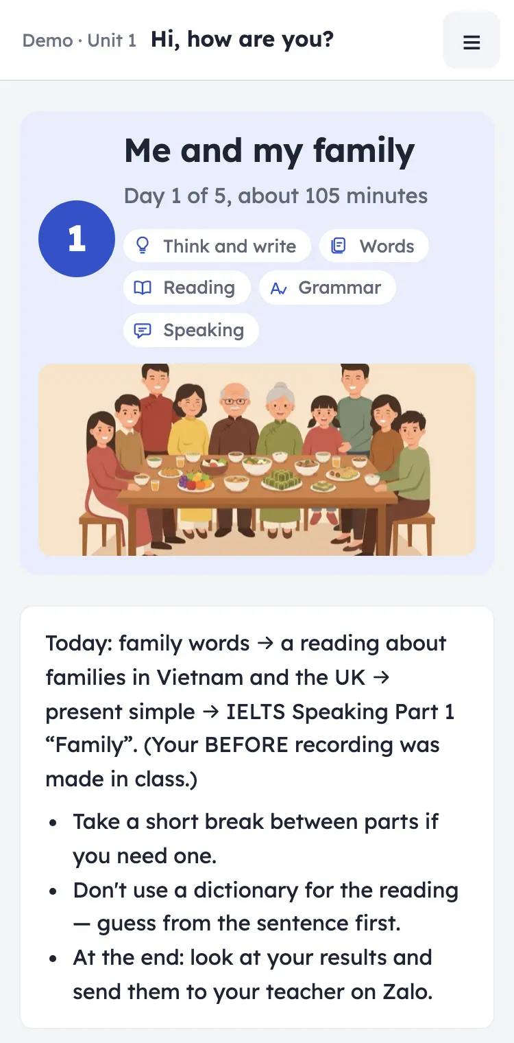 The homework app on a phone: Unit 1, Day 1 'Me and my family', about 105 minutes, with the day's parts: think and write, words, reading, grammar and speaking.